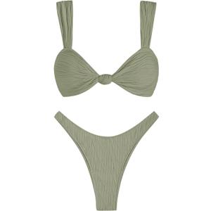 ZAFUL 2025 Cheeky Bikini Sets for Women High Cut Swimsuit Textured Ribbed Bikini Thong Bathing Suit (Medium, Green)