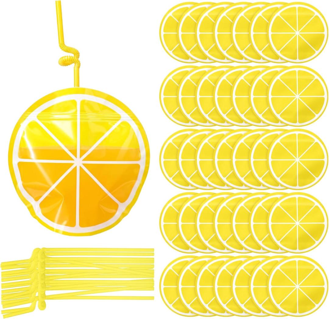 Yungyan 36 Set Lemon Party Cup Drink Pouches with Straws Zipper Smoothie Bags Reclosable Bag Reclosable Pouches, Leakproof Drink Bags for Juice, Slushies for Summer Lemon Party Favors Supplies