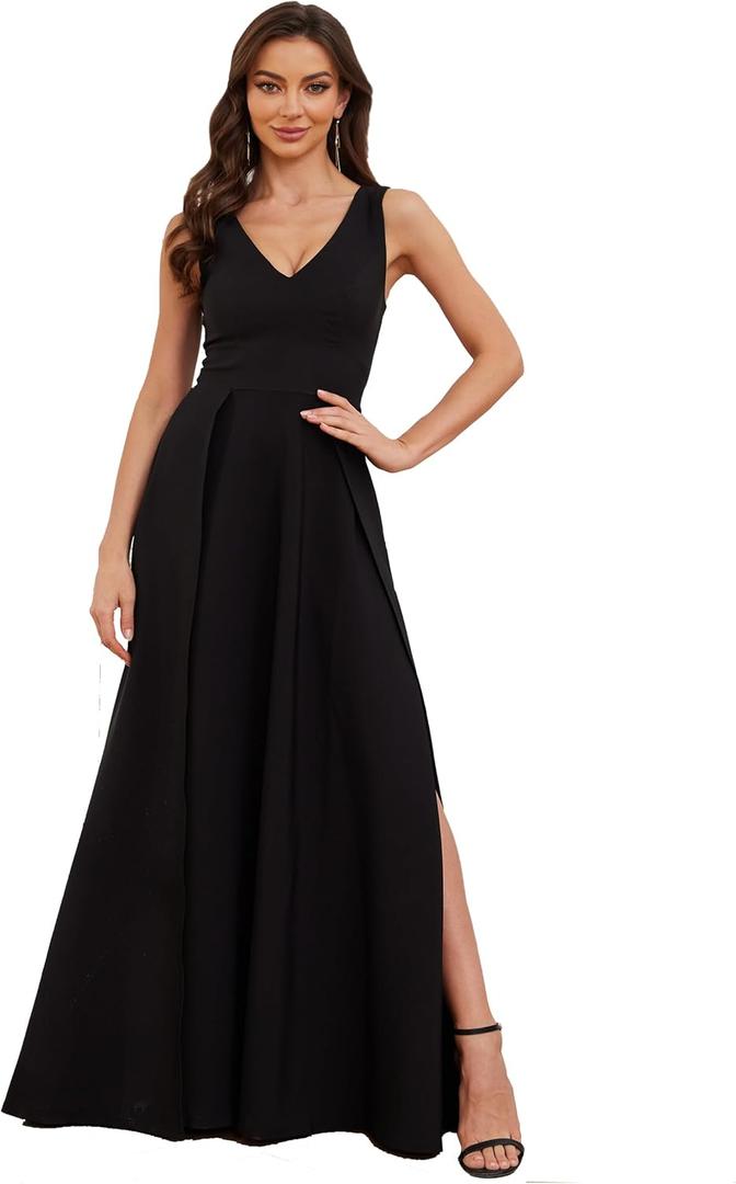 Women's Formal Dress V Neck Sleeveless Winter Wedding Guest Split Cocktail Party Prom Long Dresses (Black, M)