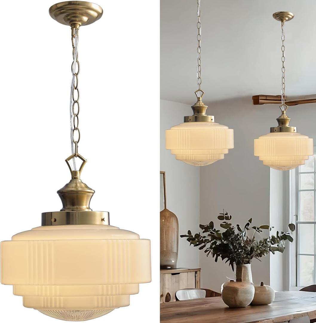 Vintage Milk Glass Pendant Light, 13.8" Brass Color Ceiling Light Fixture, Adjustable Height Chandelier for Kitchen Island, Dining Room, Hallway, Bedroom, Foyer, E26 Bulb Included