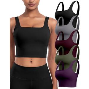 Womens Sports Bras 5 Packs - Square Neck Longline Workout Crop Tank Tops Padded Yoga Camisole with Built in Pads (X-Large, 5 Packs - Black/Dark Gray/Army Green/Purple/Cassis)