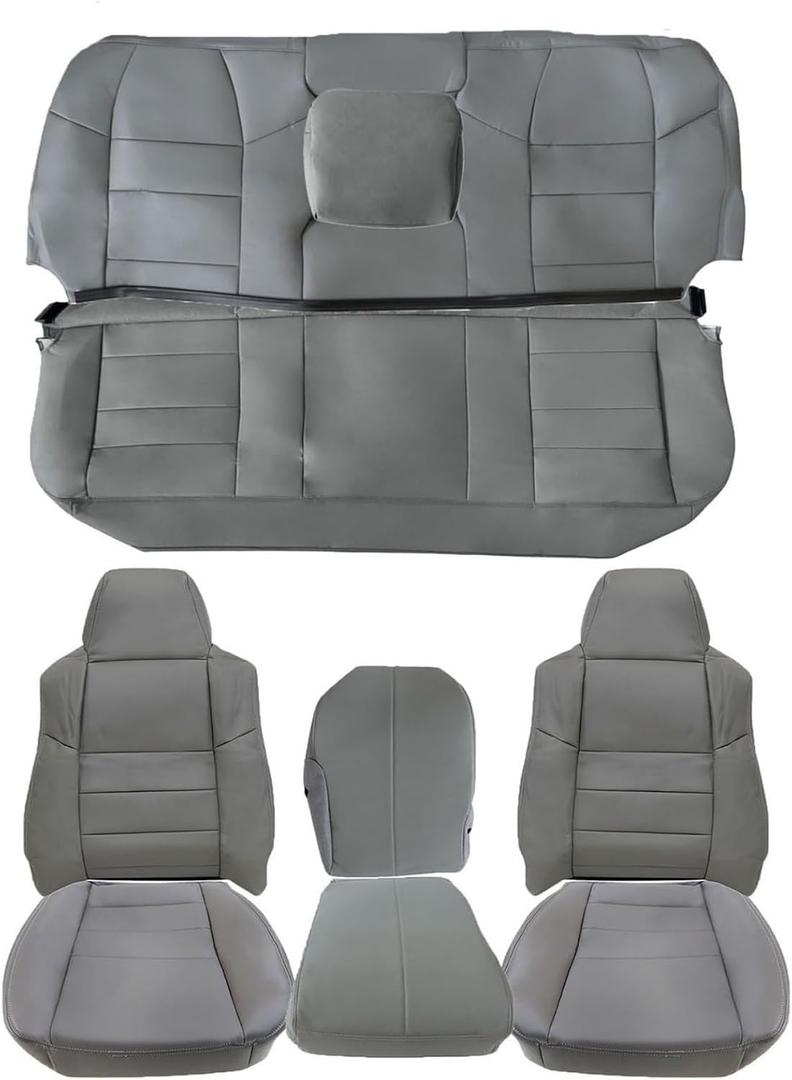 NLQR Gray Front & Rear Bench Leather Seat Covers Replacement Full Set fit for Ford F250 F350 F450 F550 Lariat 2002 2003 2004 2005 2006 2007, Bottom & Top Lean Back & Headrests & Armrests