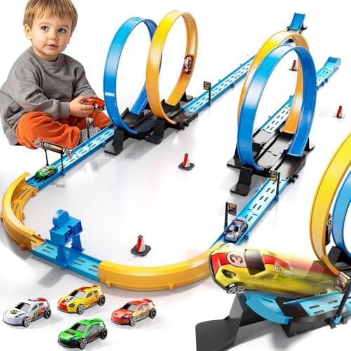 LILYBUDS Toy Car Track Gift Set for Boys Kids Age 3-5 4-7 8-12, Long Race Tracks with 4 Action Loops and 4 High-Speed Slot Die-Cast Race Cars, 35+ Pieces Race Tracks to Create Multiple Configurations, orange and blue