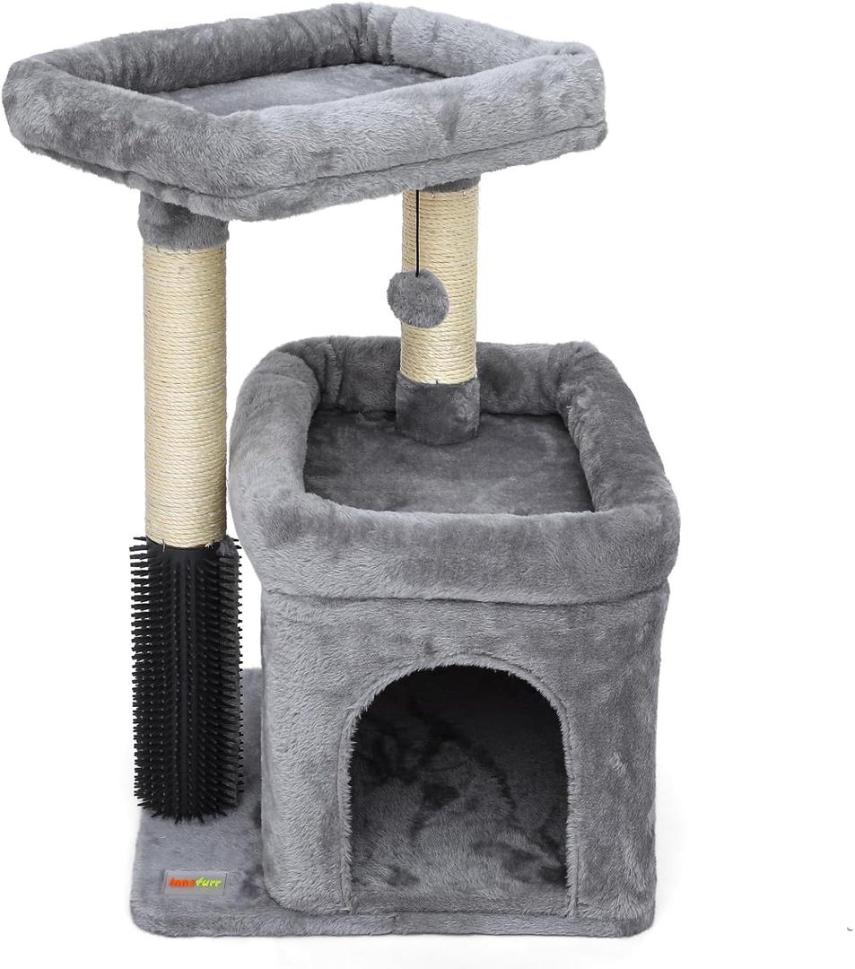 Small Cat Tree with Scratching Post Indoor, Cat Trees for Indoor, Cat Tower with Condo, Plush Cozy Perch, Massage Brush, Activity Hanging Pompoms (Grey)