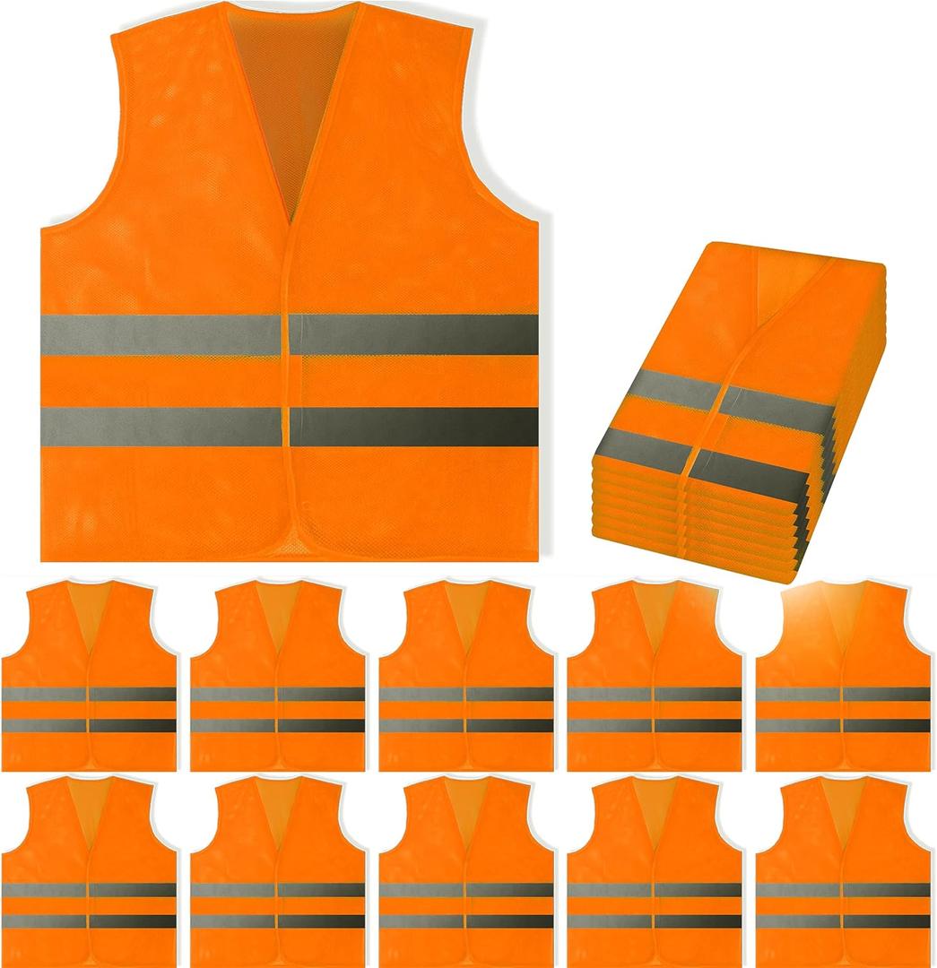 PeerBasics Safety Vests 12 Pack - Orange Reflective High Visibility, Hi Vis Silver Strip, Men Women, Work, Cycling, Runner, Surveyor, Volunteer, Crossing Guard, Road, Construction, Neon