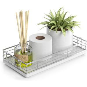 Toilet Paper Basket, 13 Inch Oak and Iron Bathroom Tank Tray Top of Toilet Storage Toiletries Organizer for Bathroom, Living Room and Kitchen (White)