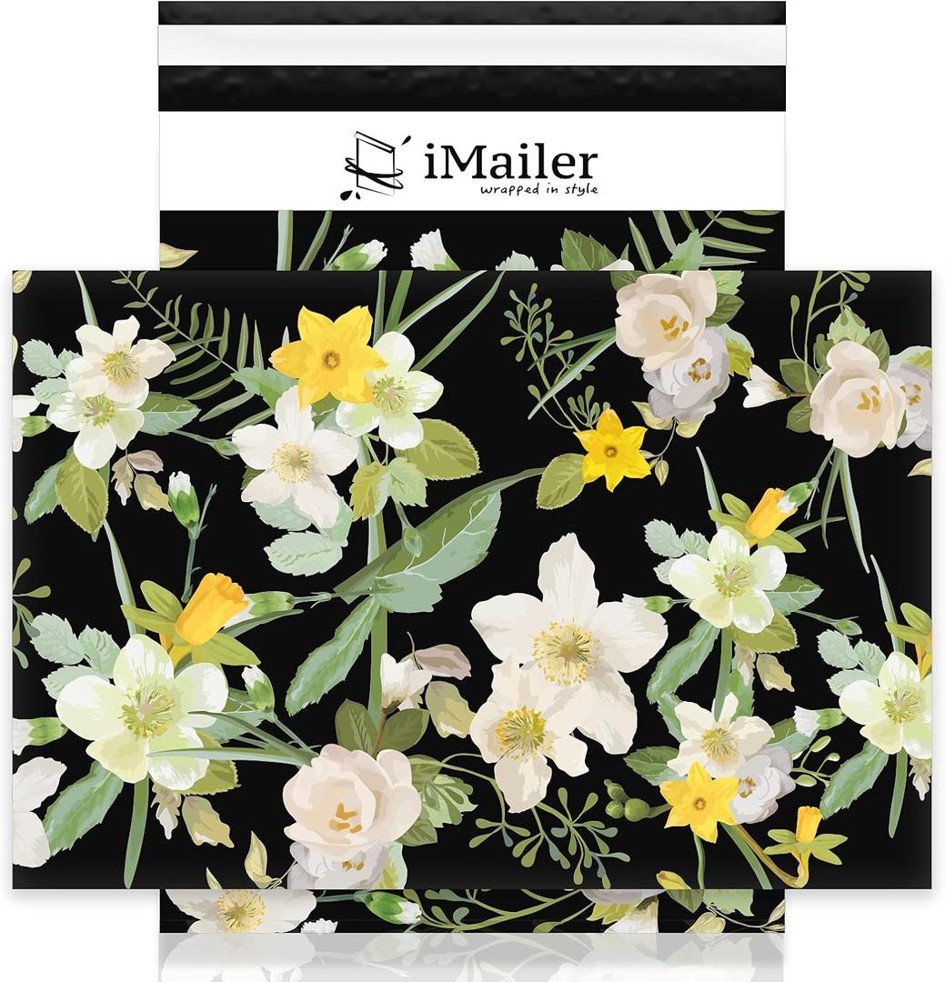 iMailer-10" x 13"(100pcs) Poly Mailer Mailing Shipping Black Flower Envelope Package Bags-Self Seal