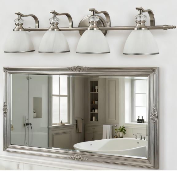 ANDY STAR Bathroom Light Fixtures Over Mirror, 4-Light Brushed Nickel Vanity Lights for Bathroom, 27.8 Inch Vintage Wall Sconce with Milk White Bell Glass Shades, Rustproof Silver Finish, E26 Base