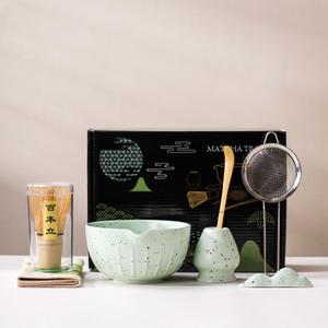 7Pcs Japanese Matcha Tea Set, Matcha Kit with Matcha Bowl (with Pouring Spout), Matcha Whisk, Whisk Holder, Strainer - Elegant Matcha Set for Gifting and Personal Use, Gift Box Packaging (Green spots)