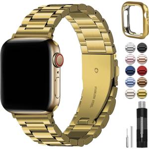 Fullmosa Compatible Apple Watch Bands 45mm 44mm 42mm, Metal iWatch Band with Case for Apple Watch Series 9 8 7 6 5 4 3 2 1 SE SE2, Golden