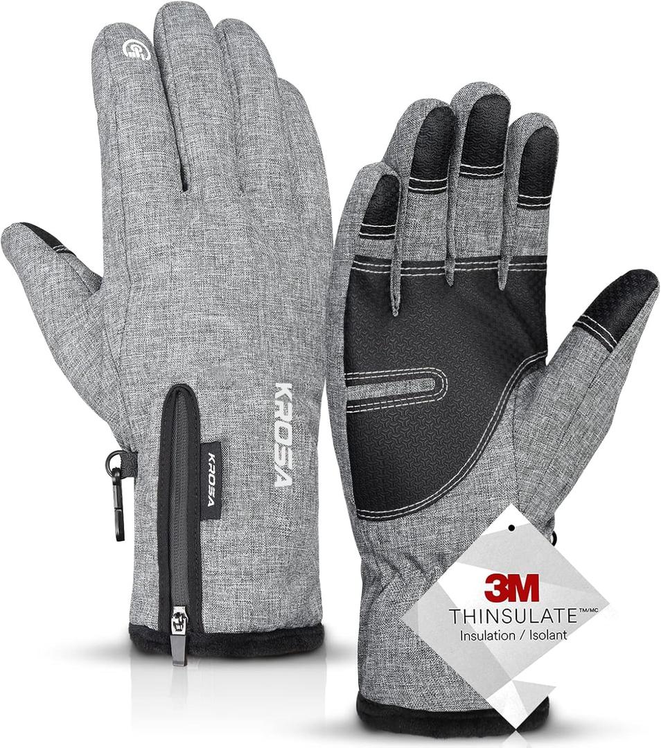 krosa Winter Gloves For Men Women Made with 3M Thinsulate, Waterproof Ski Gloves for Cold Weather with 10 Touchscreen Fingers (Medium, Grey)