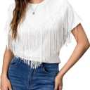 Verdusa Women's Short Sleeve Fringe Tops Tassel Trim Cowgirl Shirts Western Outfits (Large, Light White)