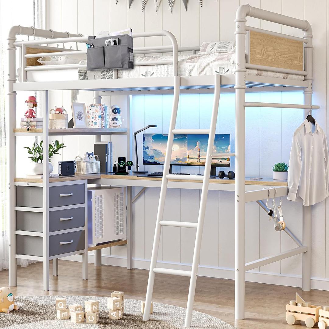 Twin Size Heavy Duty Metal Loft Bed with L-Shaped Desk, LED Lights,Charging Station, Industrial Loft Bed Frame with 3 Storage Shelves and 3 Fabric Drawers, Safety Guard & Ladder (White)