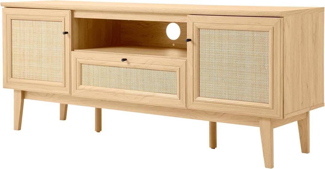 JONATHAN Y TVS1002A Finley 59 in. Farmhouse Caned TV Stand with Drawer and Storage Doors Fits TVs up to 65 in. with Cable Management, Oak