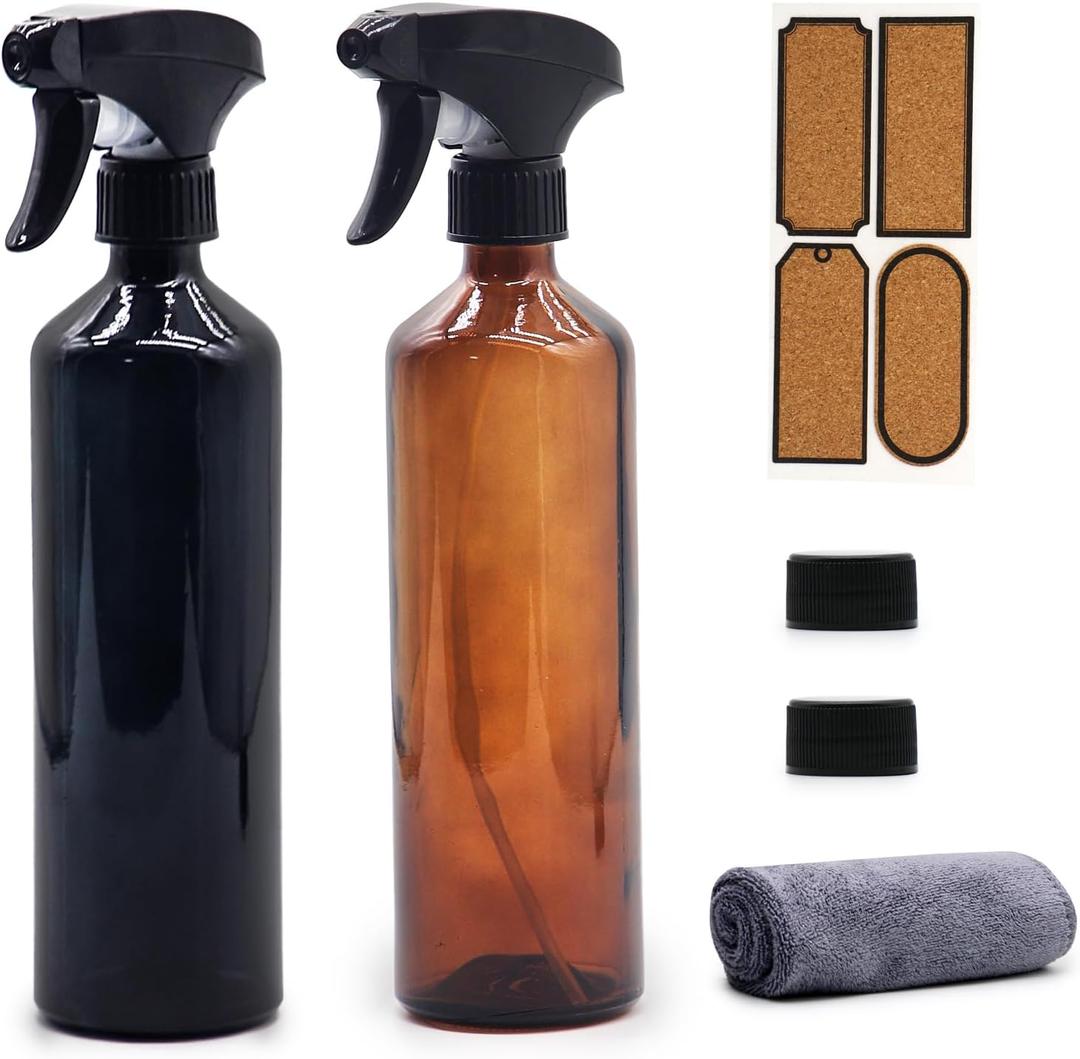 OFFIDIX Glass Spray Bottles for Cleaning,16 OZ 2 Pack Continuous Empty Water Mister Spray Bottles for Hair,Plants Mister,Adjustable Nozzle,Amber and Black