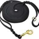 15ft Long Leather Dog Leash with Traffic Handle, Braided Leather Training Lead, Tieout for Yard, Double Handle Dog Leash for Small Medium Large Dogs Outdoor Hiking, Camping, Hunting Black