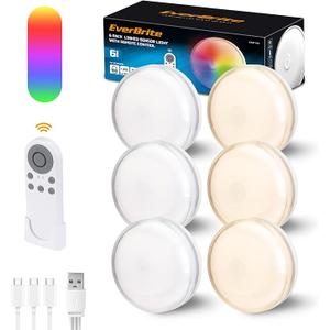 EverBrite Puck Lights with Remote, Rechargeable Linked Sensor Under Cabinet Lights, 10 RGB Colors, Group Control Dimmable Kitchen & Bedroom (6Pack)
