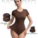 Mobeso Women's Round Neck Short Sleeve Bodysuit Double-Lined Body Suits Basic T-Shirt Tops for Women Cocoa M (Brown, M)