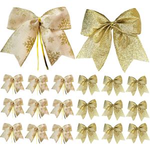 20 Pcs 6 Inch Christmas Bows, Gold Ribbon Bows for Xmas Tree Decor, Tie Bows Wreath Ornament, Wedding Party, Home Indoor Decorations Bulk