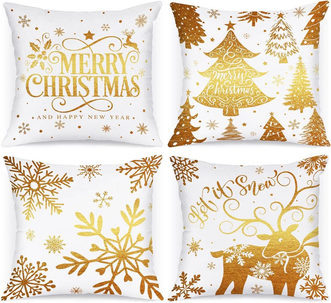 Lanpn White and Gold 18x18 Christmas Pillow Covers Set of 4, Decorative 18 Inch Navy Winter Snowflake Throw Pillow Case Xmas Cushion Cover for Indoor House Sofa Gold