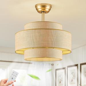 20" Boho Gold Caged Fandelier Ceiling Fan with Light and Remote, Enclosed Reversible 6-Speed Rattan Ceiling Fan with 1/2/4H Timer for Bedroom, Living Room, Kitchen