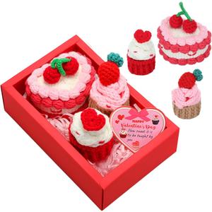 Suncalla 3 Pcs Valentines Day Crochet Gifts for Women Crochet Cupcake Dessert Doll Gift with Pink Box Cards for Valentines, Sis Big Little Sister, Mother's Day, Wedding Decor