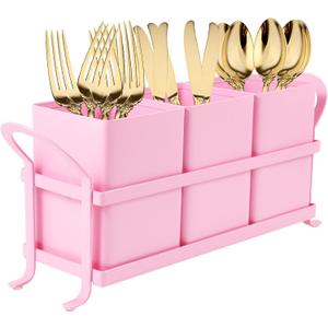 Metal Silverware Caddy,3 Compartment Utensil Holder With Metal Rack,Utensil Caddy Flatware Cutlery Organizer for Countertop Party Picnic Camping Outdoor Pink