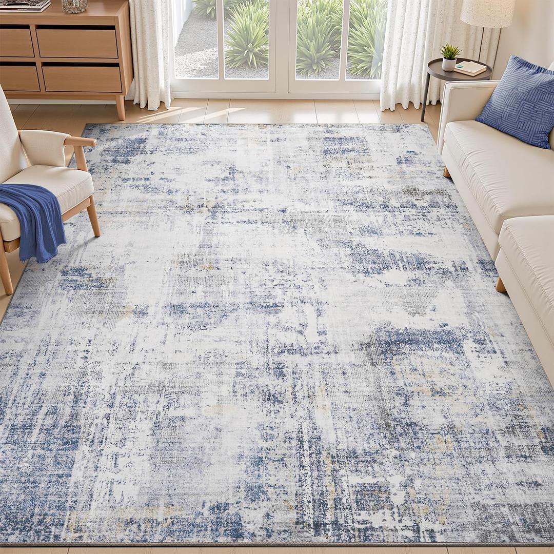 Iris Blue Washable Area Rugs 8x10 Rugs for Living Room Bedroom Rug Dining Room Home Office Rug Carpet Non Slip Modern Abstract Soft Easy Care Low Pile Comfortable