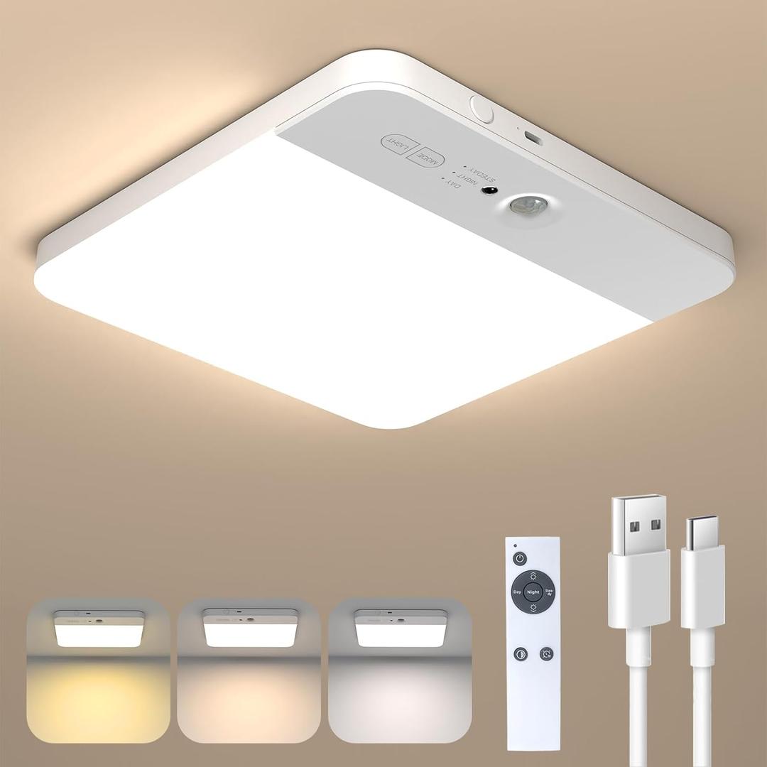 Rechargeable Motion Sensor Ceiling Light with Remote, Wireless Ceiling Lights Battery Operated Closet Light, Waterproof Shower Light for Bathroom,Stairs,Hallway,Garage,Shed (1 Pack)