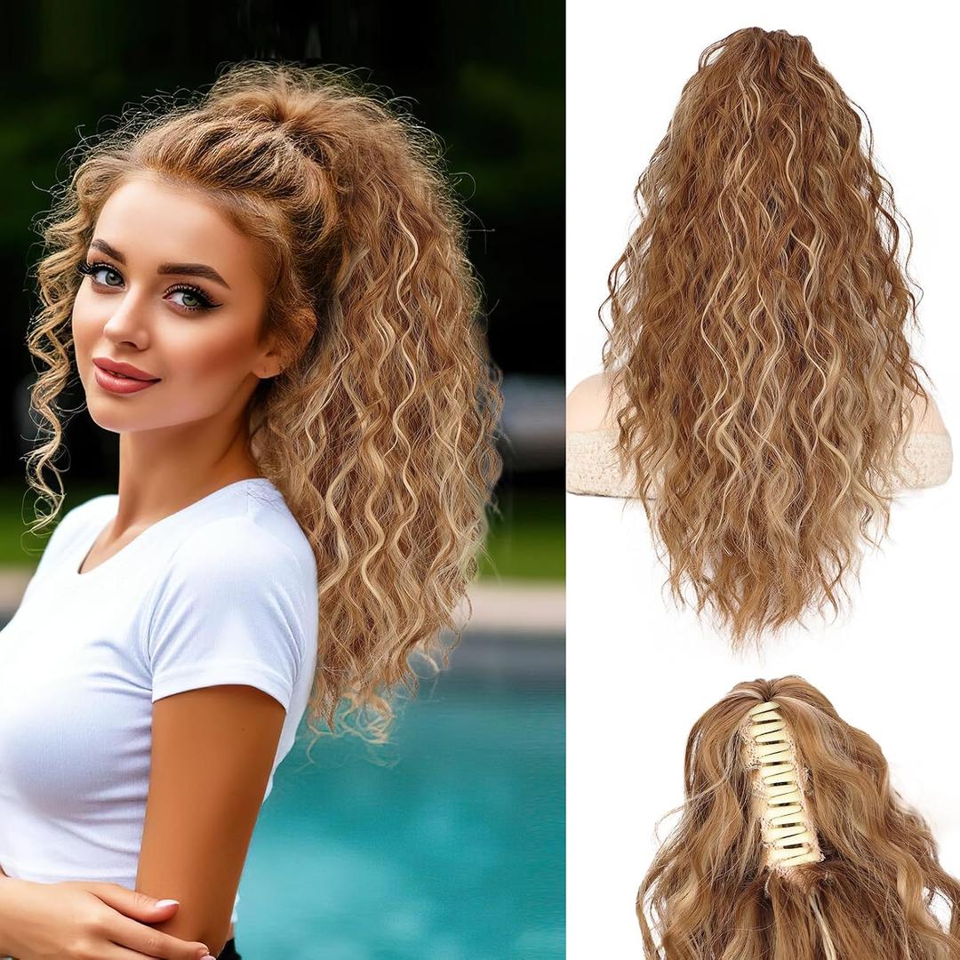 Ponytail Extension 18" Curly Wavy Pony Tail Claw Multi Layered Clip on Ponytail Extension Fluffy Natural Looking Synthetic Hair Piece for Women(Honey Blonde with Golden Highlights)