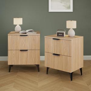 Wood Night Stand Set 2 Fluted Dresser for Bedroom 2 Drawers End Tables Nightstands Set of 2, Storage Modern Bedside Table Set of 2, Oak Nightstand, 22.64" x 11.81" x 16.93"