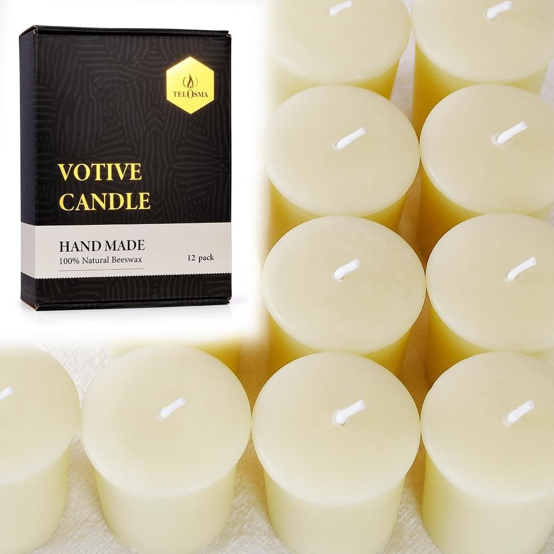 TELOSMA Organic Beeswax Votive Candles - Natural Scent Smokeless for Weddings, Restaurants, Parties, Spa and Decorations -Pack of 12, Cream White