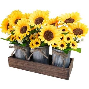 Winlyn Set of 3 Artificial Sunflowers Metal Pot Centerpiece Farmhouse Sunflowers Floral Arrangements with Rectangle Wooden Planter 11" for Rustic Wedding Spring Summer Home Kitchen Table Shelf Décor
