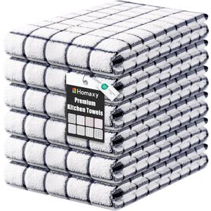 Homaxy Premium Kitchen Towels(16”x 28”, 6 Pack), Check Design, Dusty Blue