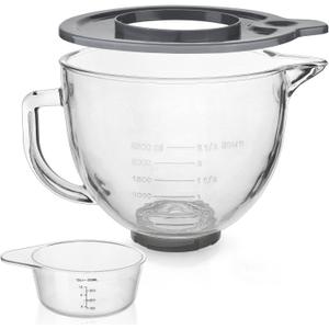 Glass Mixing Bowl 5 QT for KitchenAid 4.5 and 5 Quart Tilt-Head Stand Mixers, Measuring cups with scales, Fits Artisan KSM150, RRK150, KSM100, K45SS, KSM90, KSM95, K45, KSM110, 5KSM125