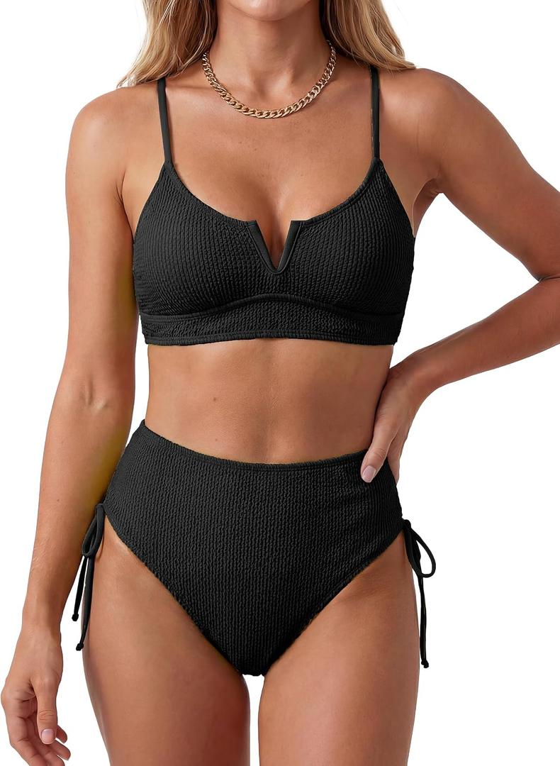 Palmipeta Women's High Waisted Tummy Control Bikini Sets Full Coverage 2 Piece Swimsuit Modest Bathing Suits Ribbed Swimwear Black L