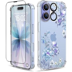 for iPhone 17 Case,[3 in 1] with Screen Protector & Camera Lens Protector, Flower Pattern Design,Clear Soft Shockproof Slim Floral Phone Cover for Women Girls 2025 6.3"(Magnolia/Blue)