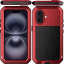 Marrkey for iPhone 16 Metal Case 6.1",Heavy Duty Shockproof Aluminum Alloy Tough Armour Military Grade Phone Case,360 Full Body Protective Cover with Silicone Built-in Screen Protector - Red