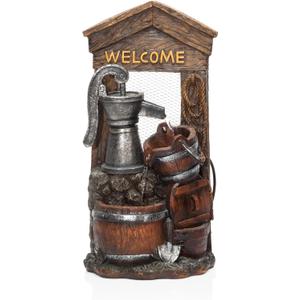 Alpine Corporation ZEN576S 24" Indoor/Outdoor Floor Water Pump and Barrel Fountain with Rustic Design  Water Feature for Garden, Patio, and Yard Dcor, Brown