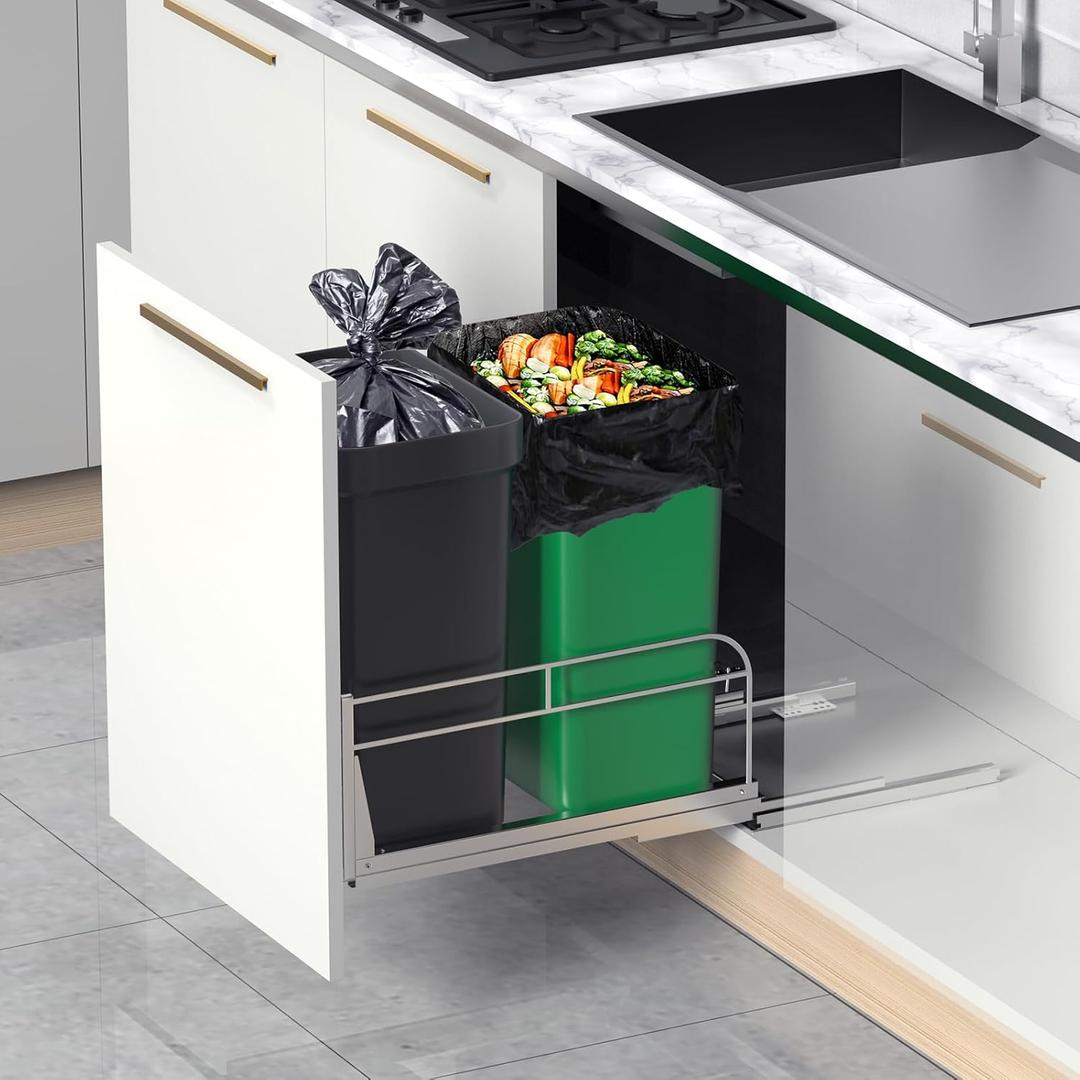 Dual Cabinet Trash Can Pull Out Kit With Soft-Close Slides, Heavy Duty Under Sink for Kitchen, Laundry, Garbage - Requires 17" W X 24" D Opening