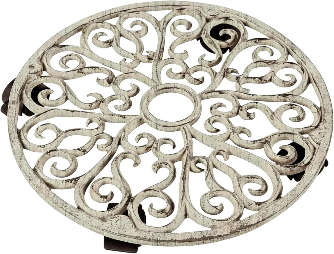 Comfy Hour 12" Cast Iron Plant Caddy with Wheels, Heavy Duty Rolling Flower Pot Stand, Decorative Victorian Style Plant Dolly for Indoor Outdoor Home, Antique White Finish, 1 Unit