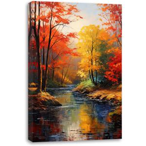 QIXIANG Autumn Canvas Wall Art Fall Lake Pictures Abstract Red Trees Forest Landscape Painting Prints Living Room Decor Framed (Autumn 1, 24.00" x 36.00")