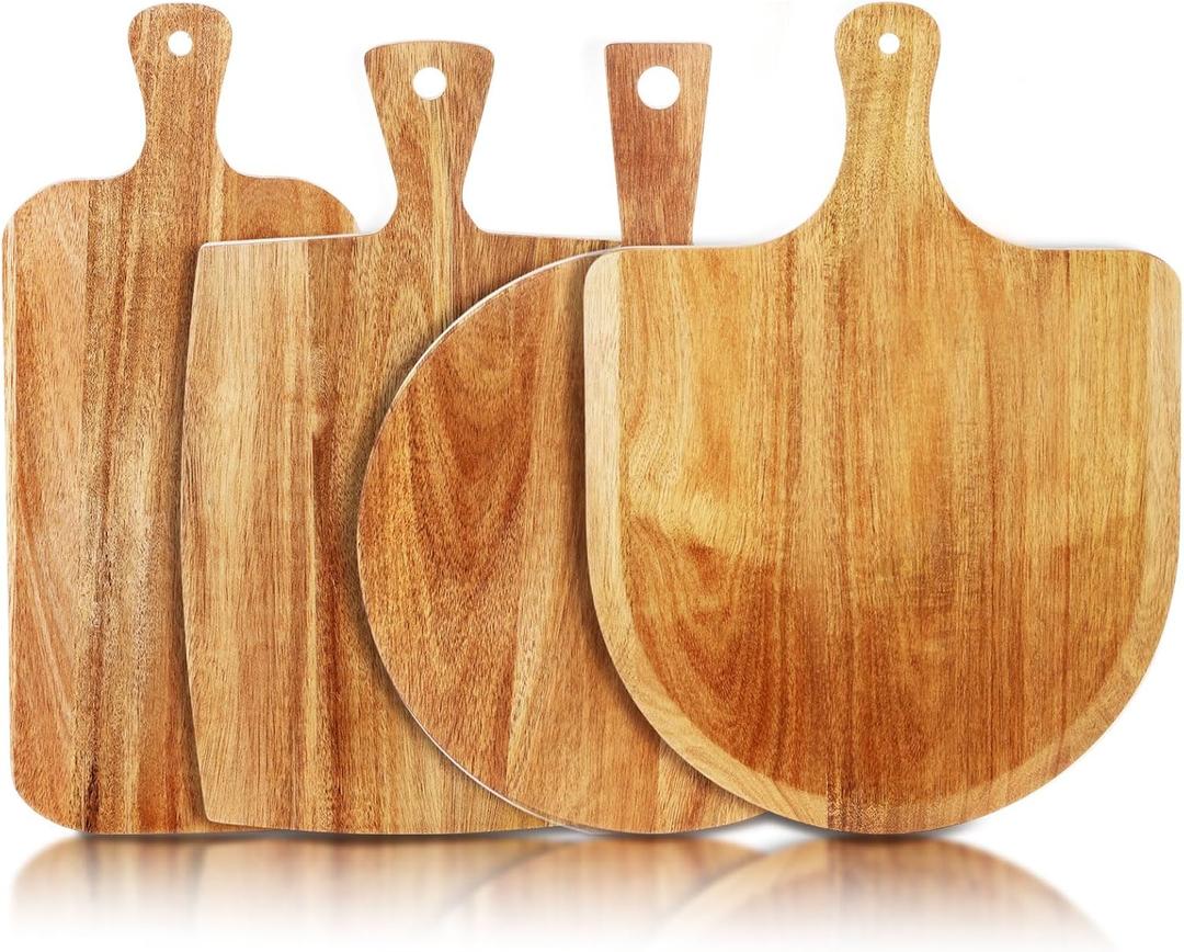 SiliFine Set of 4 Thick Acacia Wood Cutting Boards with Handles, Assorted Sizes Large Charcuterie Boards, Butcher Block Serving Tray for Cheese, Meat, Pizza, Vegetables, Bread (Medium)