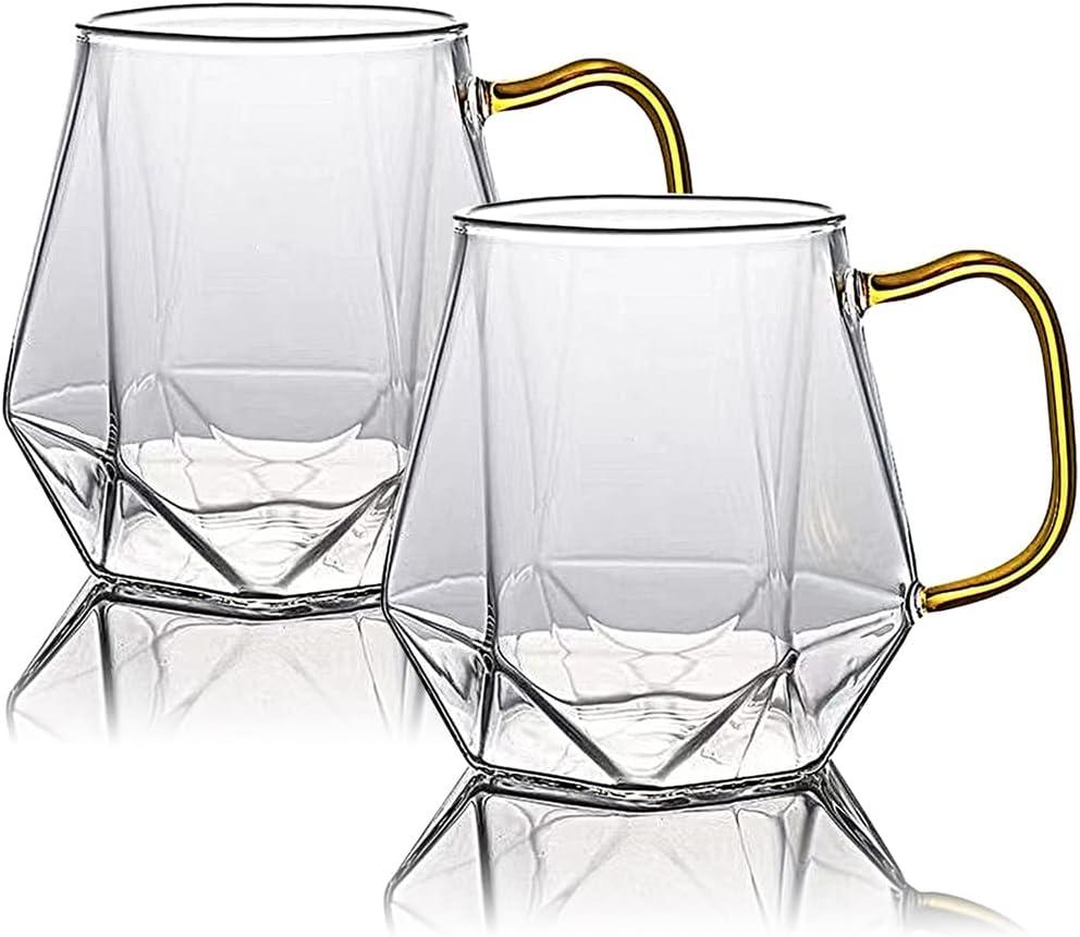 10 oz Clear Glass Espresso Cups Set of 2 Coffee Cups with Handle Crystal Coffee Mug Borosilicate Heat Resistant for Liquor Tea Beverages Milk Latte Cappuccino