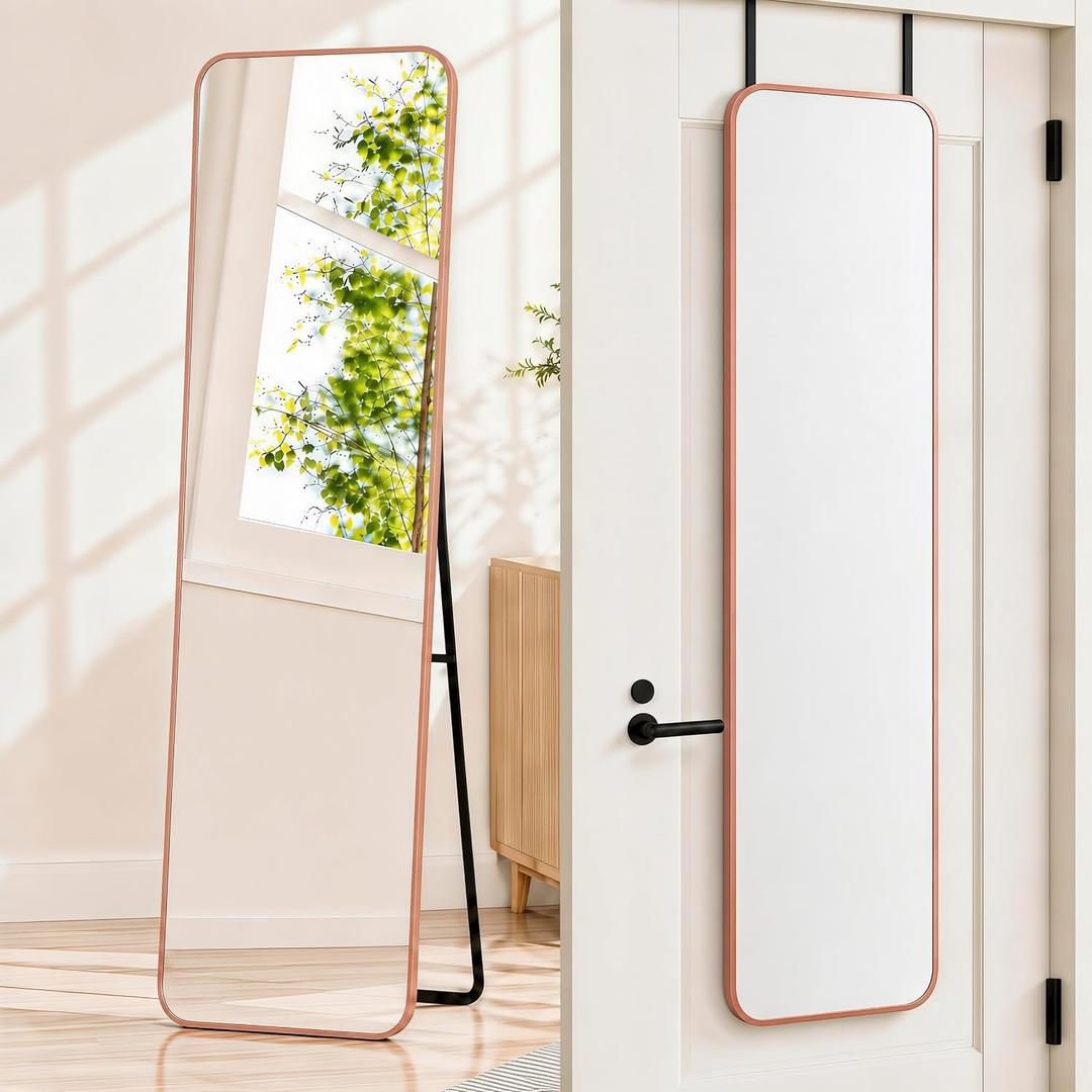 57x20" Full Length Mirror Floor Stand,Over the Door,Wall Mount RoseGold