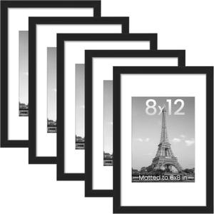 upsimples 8x12 Picture Frame Set of 5, Display Pictures 6x8 with Mat or 8 x 12 Without, Wall Gallery Photo Frames, Black