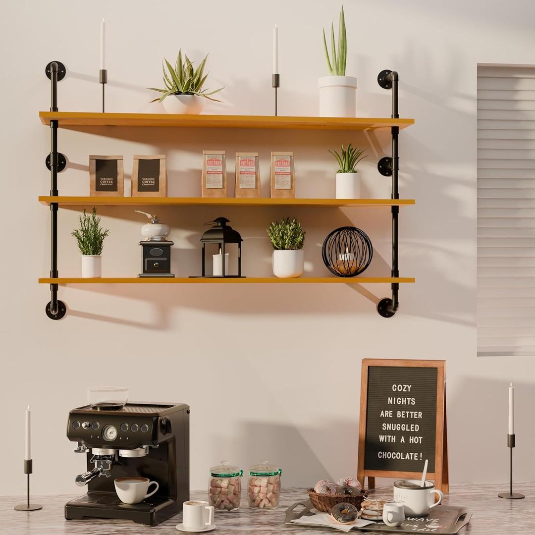 Industrial Pipe Shelving Shelf Rustic Wood Wall Shelves Industrial Floating Shelves for Wall 48 Inch Farmhouse Bookshelf Pipe Shelves Living Room Kitchen
