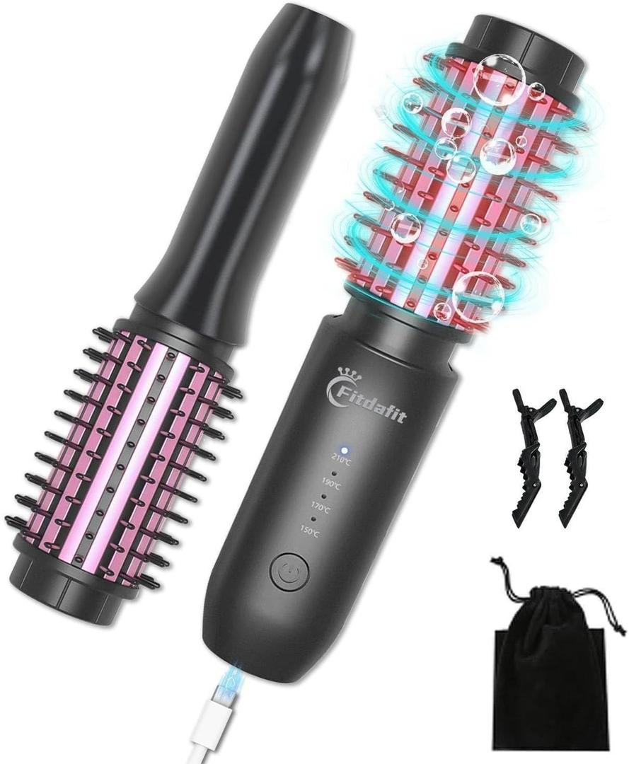 Cordless Hair Curling Iron Brush, 1.5" Mini Cordless Hair Curler, 3-in-1 Travel Curling Brush Hair Straightener Comb Rechargeable, 410 Heated Ionic Curling Tool for All Styles, Black