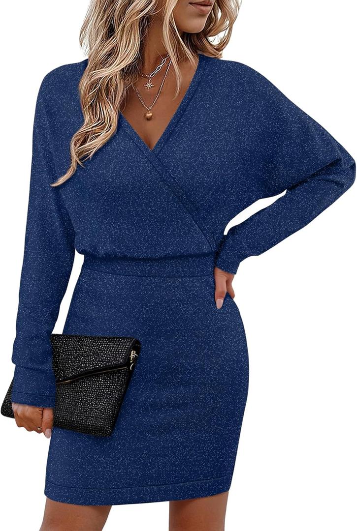 Bebonnie Womens Sexy V Neck Batwing Sleeve Sparkly Cocktail Party Sweater Dresses Holiday Bodycon Midi Dress (Small, Crown Blue)