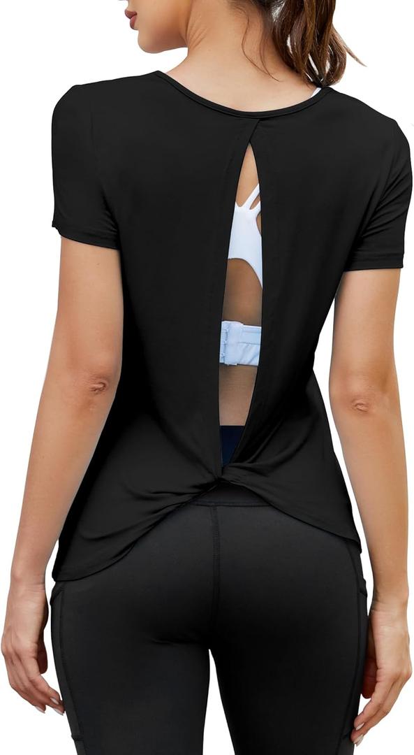 Mippo Open Back Workout Tops for Women Soft Short Sleeve Athletic Yoga Gym T Shirts (Medium, Black)